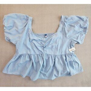 Old Navy Women's Peasant Blouse 4XL Blue Denim Smocked Crop Top Puff Sleeves NWT
